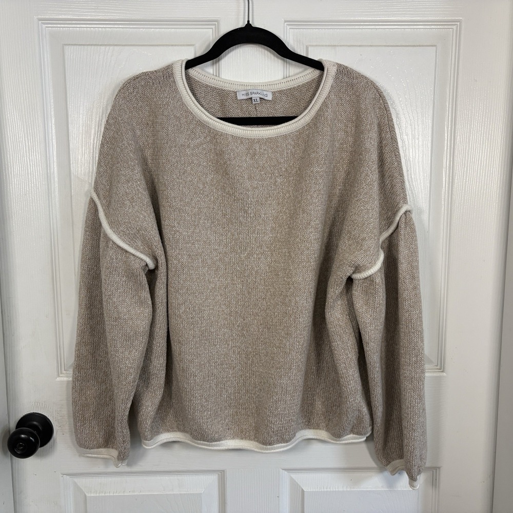 Miss Sparkling Sweater XL Oversized Batwing Fringe Oatmeal Contrasting Trim Boho